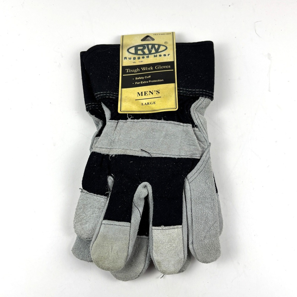 New Rugged Wear Tough Work Gloves Mens Large Gray Black‎ Leather Safety Cuff